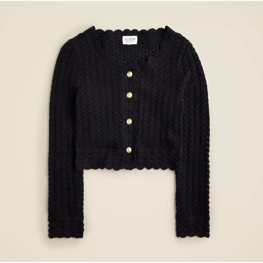 J. Crew Collection Black Crochet Cardigan Sweater Scallop Trim Open Knit Crop S - Picture 4 of 11